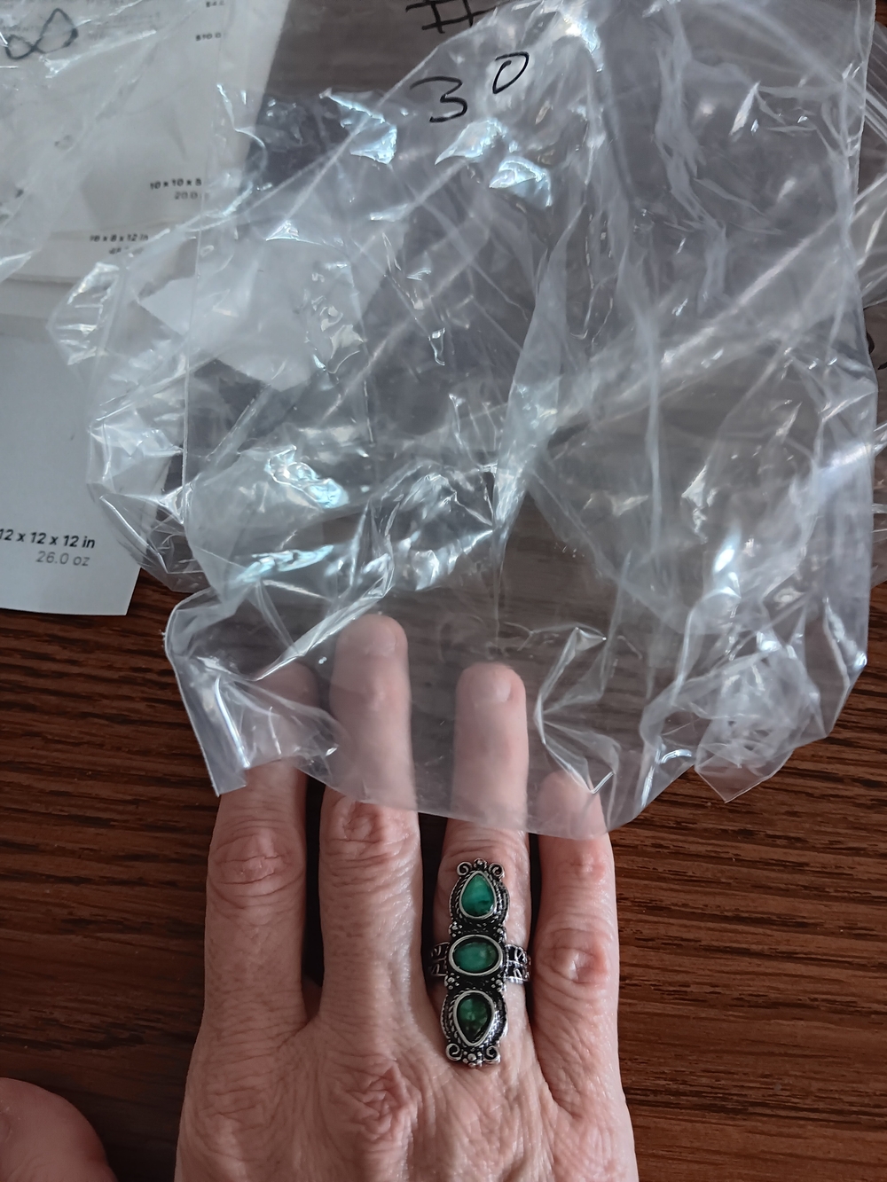 Silver-Tone Green Stone Long Band Ring -Size 5/6